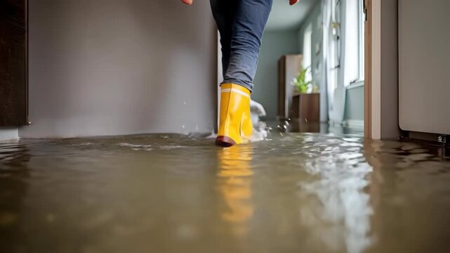 Flooded home interior with person wearing yellow rain boots wading through water. Damage to property from water damage.