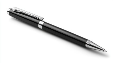 Black ballpoint pen with silver accents on white background. (1)