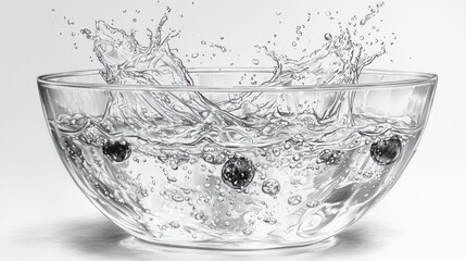 Black berries splashing in a glass bowl of water.