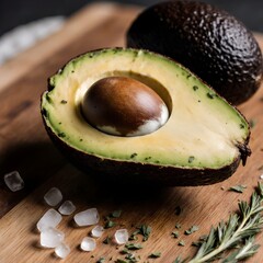 Avocado sliced in half on wooden cutting board