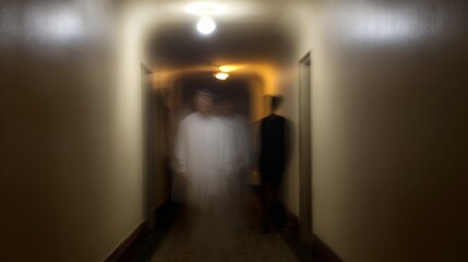 Ethereal phantoms glide in dim hallways, conjuring All Hallows' Eve tales and Samhain's spectral whispers, invoking eerie nostalgia