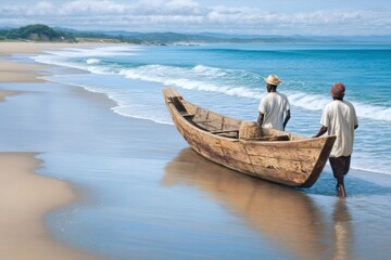 Fototapeta premium Fishermen pulling wooden boat on sandy beach after fishing trip