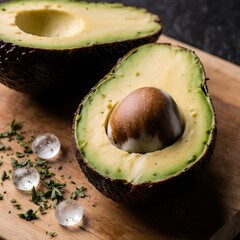 Avocado sliced in half on wooden cutting board