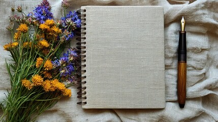 Blank linen notebook with wildflowers and fountain pen.