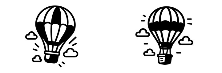 Obraz premium Simple black and white hot air balloon icons with clouds representing flight, travel, and adventure themes