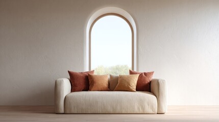 Sunlit beige sofa whispers autumnal dreams, archway's embrace, cozy hygge vibes, Armenian Harvest Festival, tranquil contemplation space