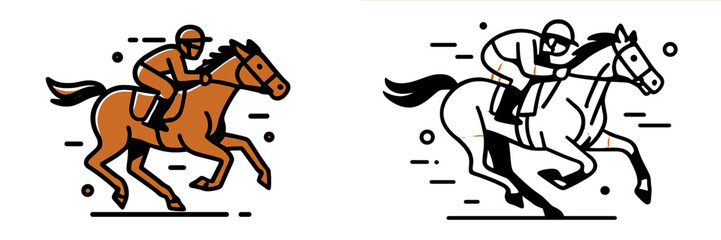 Fototapeta premium Jockey on a galloping racehorse during an equestrian competition, with color and black and white line art symbol versions isolated on a white background