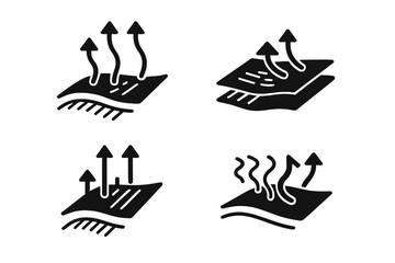 Breathable fabric property icon set showing moisture wicking, quick dry, and evaporation technology for textiles and materials