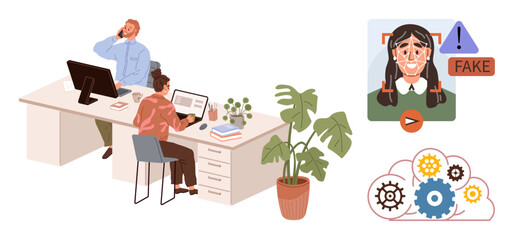 Two office workers analyzing a deepfake alert on a screen. Desk, potted plant, gears, and AI detection tools illustrate innovation. Ideal for technology, AI, automation, security communication