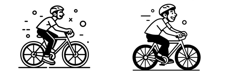 Naklejka premium Happy cyclist wearing a helmet while riding a bicycle for exercise and transportation in a black and white outline style