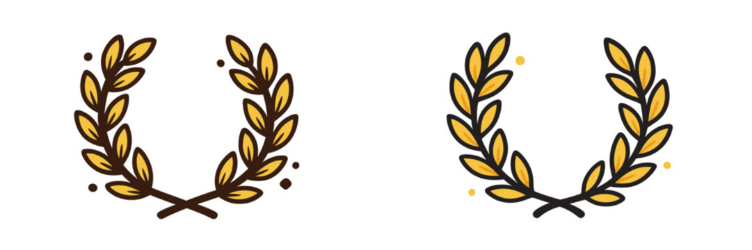 Hand-drawn golden laurel wreath icons in a doodle style symbolizing victory, honor, and achievement for awards and contests