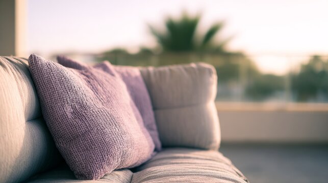 Cozy lavender pillows invite serenity on a sunlit patio, echoing Hygge ambiance and National Relaxation Day vibes