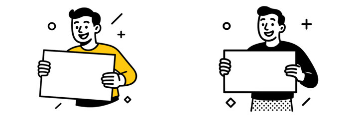Happy cartoon man holding a blank white sign for custom text, character set with color and monochrome versions for presentation or announcement