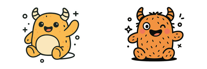 Fototapeta premium Set of two cute orange monster characters in a friendly kawaii doodle style with happy expressions isolated on a white background