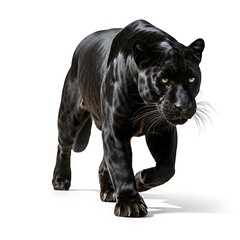 Obraz premium A majestic black panther strides confidently against a stark white background, showcasing its powerful physique and intense gaze.