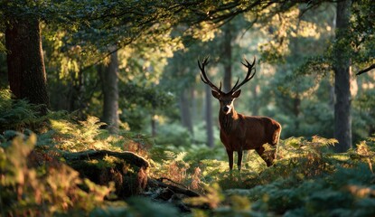 Majestic Stag Standing Proudly in a Sun Drenched Forest During Golden Hour