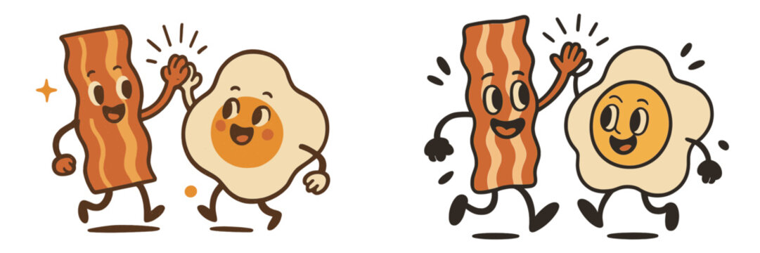 Retro cartoon mascot characters of a bacon strip and fried egg giving a high five in a vintage comic style symbolizing friendship