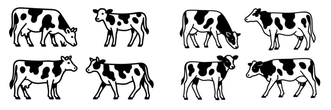 Set of black and white Holstein cow icons shown in various poses like standing, walking, and grazing for farm and dairy branding concepts