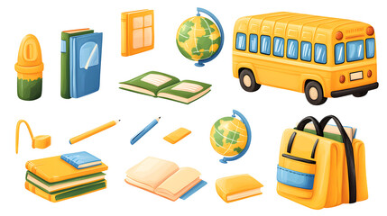 School bus, school bag, books, pens, globe, glasses, pen holder, briefcase, transparent picture, cutout, png