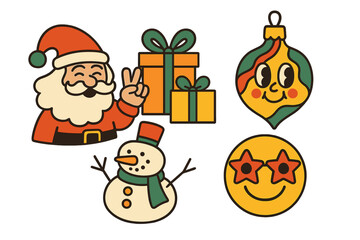 Fototapeta premium Groovy retro Christmas character sticker collection featuring a cheerful Santa Claus, happy snowman, gift box, and smiling ornament for festive holiday decorations