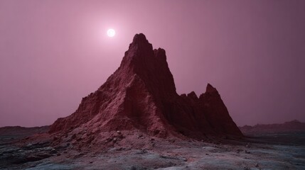Fototapeta premium Dramatic Martian peak silhouetted by a magenta moon, evoking Martian New Year contemplation and intergalactic daydreams