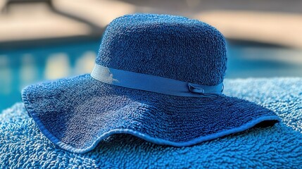 Blue sun hat on a towel by a pool.