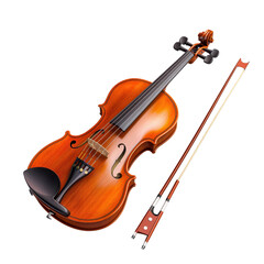 Fototapeta premium Elegant wooden violin with bow showcasing craftsmanship and detail in music instrument design for artistic compositions transparent background