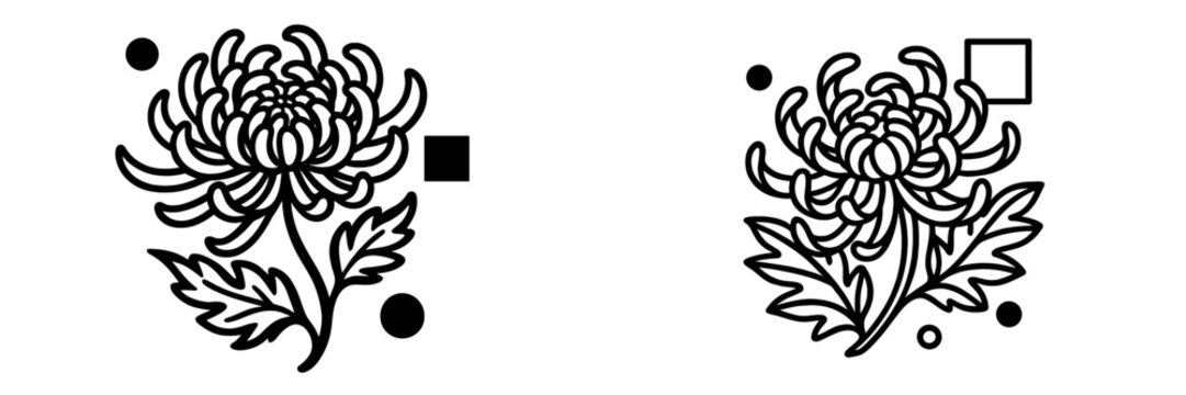 Two black and white chrysanthemum flower designs in a minimalist Japanese style with simple geometric shapes isolated on white