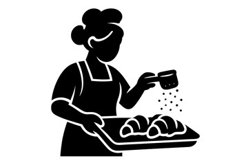 Baker woman sprinkling powdered sugar on fresh croissants on a baking tray black and white glyph icon
