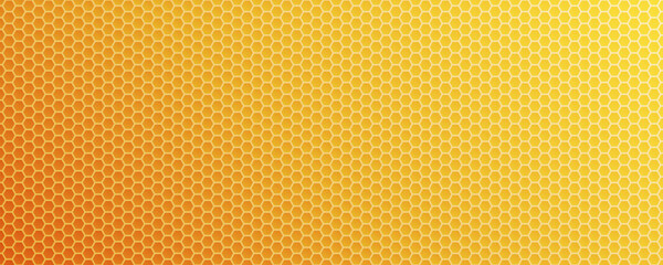 Honeycomb pattern hexagonal cells in yellow orange gradient backdrop. Hexagon shape texture for food packaging, organic cosmetics, eco branding. Modern geometric background. Vector illustration