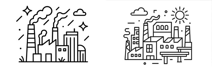 Fototapeta premium Minimalist line art of industrial factory buildings with smokestacks representing manufacturing and environmental pollution
