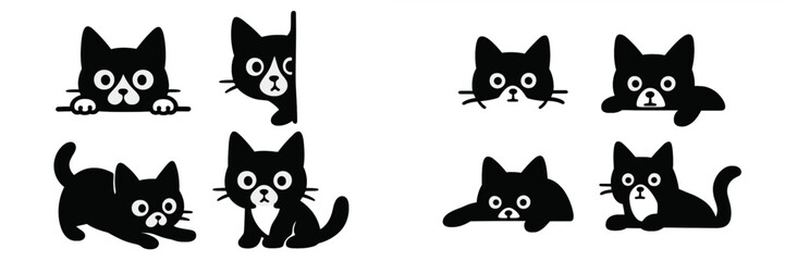 Fototapeta premium Simple graphic silhouette collection of cute black cat cartoon characters in various poses like peeking, sitting, and playing