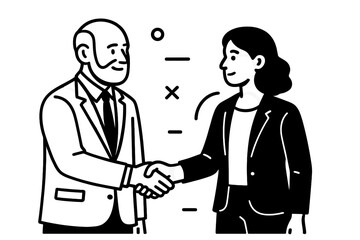Fototapeta premium Minimalist black and white line art of a businessman and businesswoman shaking hands to finalize a successful partnership agreement
