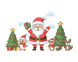 Holiday Cheer: Festive Santa Claus and animal companions in a joyous Christmas scene, surrounded by twinkling trees and gifts, radiating warmth and the spirit of giving.