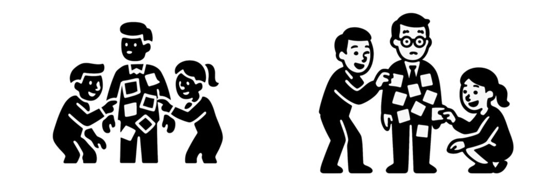 Black and white icon set of a busy father covered in reminders by his son and daughter, symbolizing multitasking and parenthood