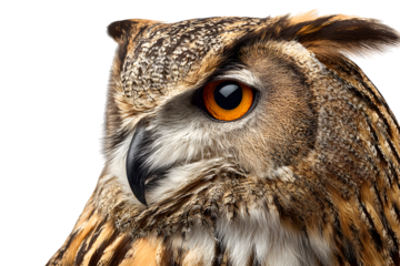 Close-up side view of owl with intense orange eye isolated on transparent background