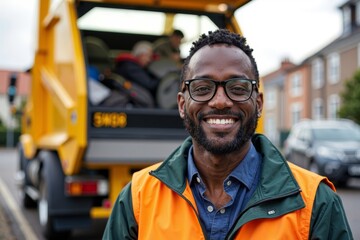 Smiling Garbage Removal Man in Eyeglasses Collects Trash with Truck in Background