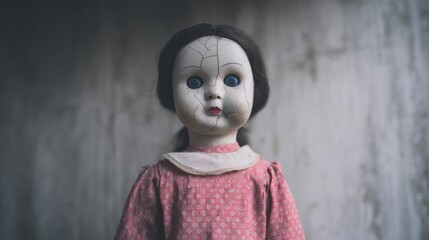 Cracked porcelain doll with haunting gaze, vintage nostalgia meets Halloweens eerie charm, unsettling yet enchanting ambiance
