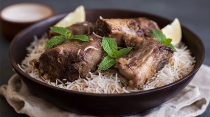 Fototapeta premium Rich aromatic biryani crowned with tender lamb pieces, evoking Eid celebrations, soothing saffron dreams, culinary voyage to South Asia