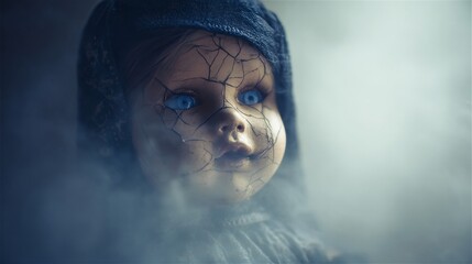 Cracked porcelain doll in mist, haunting presence, evokes Samhain traditions, whispers of enchanted heirlooms, eerie folklore tapestry