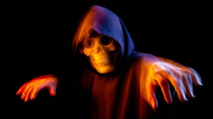 Shadowy figure in spectral dance, fiery hues ignite Halloween enchantment, Dia de los Muertos mystery, ethereal transformation symbolism