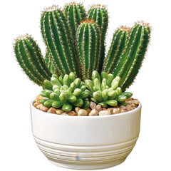 Lush Green Cactus and Succulent Arrangement in Modern White Pot Ideal for Home Decor and Indoor Gardening Enthusiasts transparent background