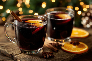festive close-up of mulled wine mugs on a wooden counter, cinnamon sticks and orange slices, blurred Christmas lights in background