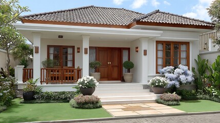 Modern Tropical House Design: White Walls, Brown Accents, Lush Landscaping