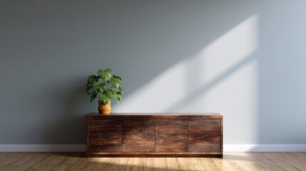 Sun-drenched minimalist room, elegant wooden console, potted peace lily, Zen simplicity echoes, spirit of Kwanzaa tranquility, hygge warmth