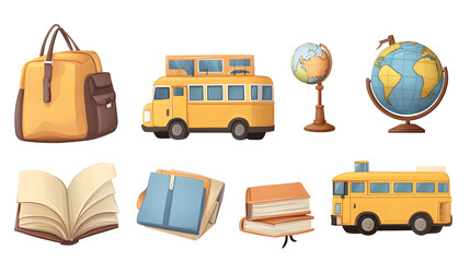 School bus, school bag, books, pens, globe, glasses, pen holder, briefcase, transparent picture, cutout, png