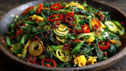 Colorful vibrant sauteed greens with spices and egg
