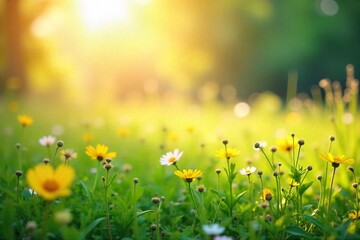 Serene sunlit meadow with wildflowers gently swaying in the breeze; a feeling of peace and tranquility Perfect for meditation, yoga, or spiritual well-being themes , spring, meadow
