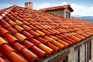 Naklejka premium New orange roof tiles covering house with chimney and skylight