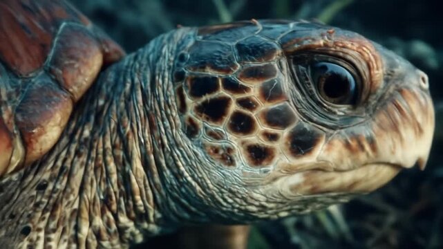 Close up view of sea turtle face showing texture and details underwater